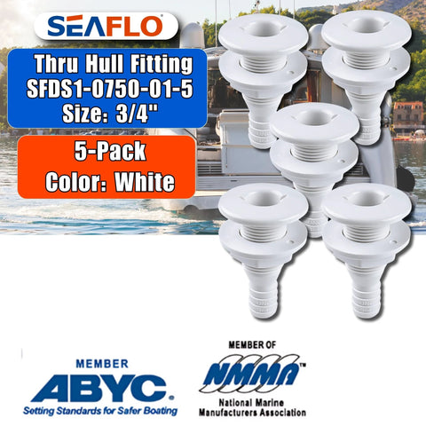 SEAFLO 3/4 in thru hull fittings, white polypropylene marine boat drain overflow connectors, 5-pack