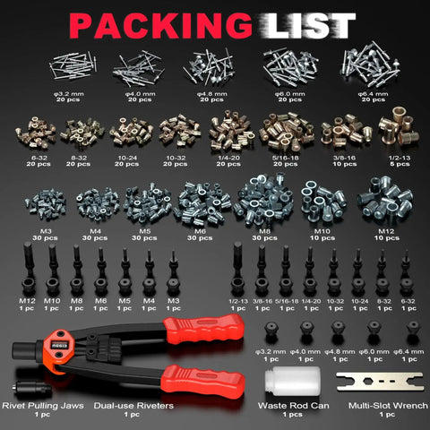 Packing list of Dual Function Rivet Nut Tool Kit With 405 Rivet Nuts Blind Rivets 15 Mandrels And 5 Nozzles Multipurpose Riveting Gun