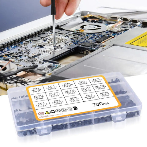 Over 700 Pcs Flat Head Machine Screws Assortment Kit with labeled box and installation in progress on motherboard