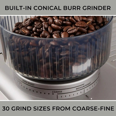 Close-up of built-in grinder with coffee beans in the Espresso Machine With Auto Tamper Auto Cleaning Milk Frother And Built In Grinder