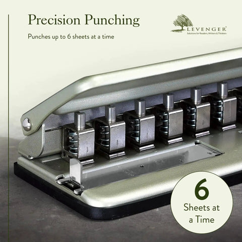 Universal Desk Discbound Hole Punch for Disc Notebooks, heavy duty metal paper puncher, shown punching six sheets.