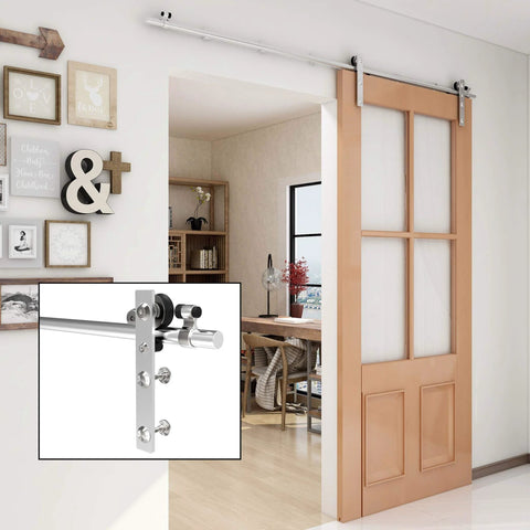 Interior view showing 9Ft Stainless Sliding Barn Door Hardware Kit For Single Wooden Door Super Smooth And Quiet Fits 54 Inch Door Panel J Shape Hanger Heavy Duty Stainless Steel Track With Aluminum Rail Holds Up To 220 Lbs installed on wooden door.