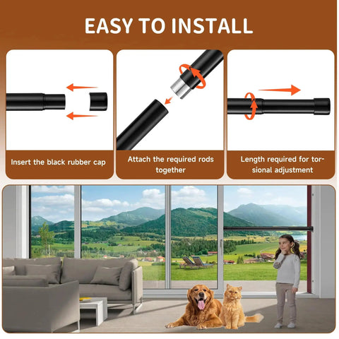 Adjustable Sliding Door Security Bar 17 To 46 Inches Matte Black 1 Inch Diameter With Rubber Tips Spring Loaded Telescopic Rod Easy Rotate Length Adjustment Ideal For Home Window Or Patio Door Security displayed with installation steps and room scene.