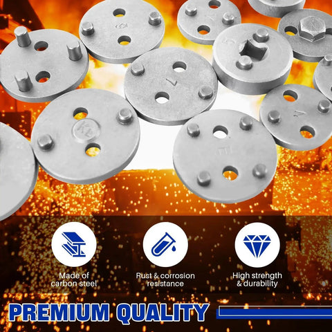 DASBET 24pc heavy-duty disc brake caliper tool set components; round silver plates with holes and pegs