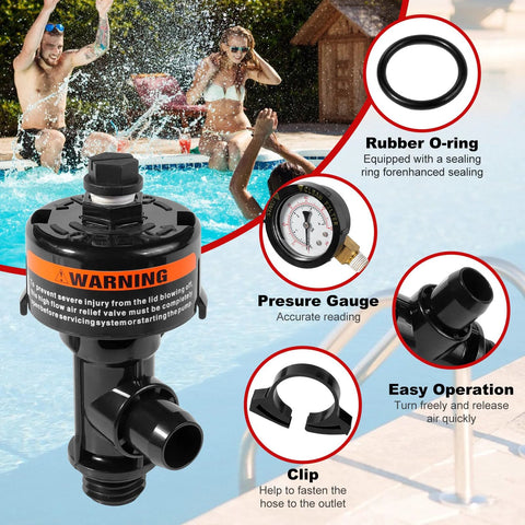 Manual air relief valve assembly with pool filter pressure gauge; black plastic body, rubber O-ring, for pool and spa filter systems