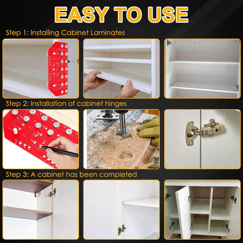 Step-by-step use of 2 In 1 Shelf Pin And Hinge Jig With Self Contained Clamping For Concealed Cabinet Hardware