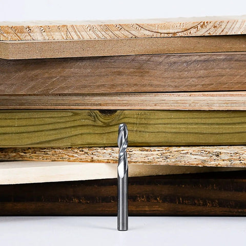Up Cut Spiral Router Bits Set For Woodworking 5Pcs SpeTool 1 Quarter Inch Shank 1 Quarter Inch Cutting Diameter Solid Carbide CNC End Mill HRC55 shown with wood sheets