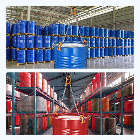 Oil Barrel Drum Lifter With G80 Chain 2000lb 1T lifting blue and red 55 gallon drums in warehouse storage.