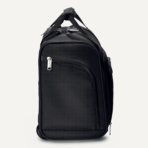 Side view of black underseat carry on luggage with smooth wheels and sturdy handle, 14 inch rolling travel bag for airport trips.