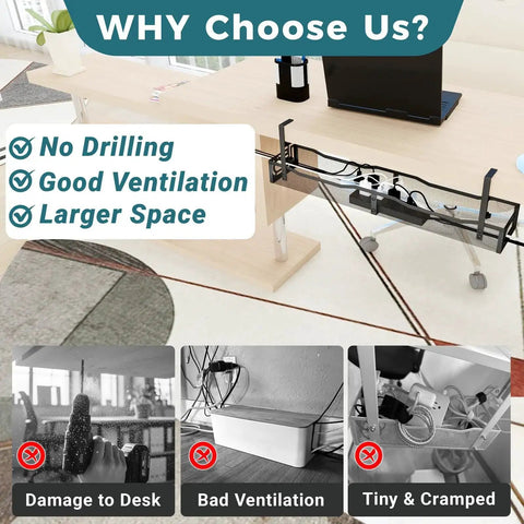 Under Desk Cable Management Tray With Clamp No Drill Installation 25.3 Inch Large Capacity Metal Cord Organizer on desk