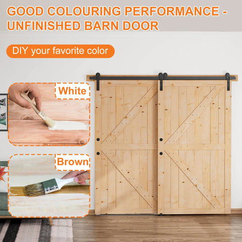 Double Sliding Barn Doors 42 Inch By 84 Inch With 8 Ft Single Track Bypass Hardware Kit Unfinished Spruce Wood on floor