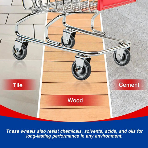 Shopping Cart Replacement Wheels Kit 12 Pack 5 Inch TPU Silent Supermarket Casters With Double Ball Bearings shown on various floors