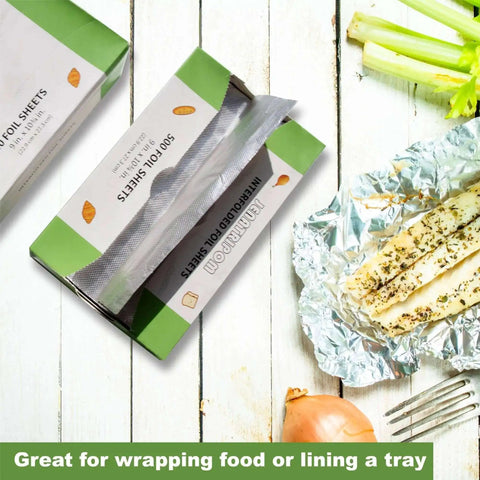 Premium Aluminum Foil Sheets 9 By 10.75 Inches, 1000 Sheets displayed with vegetables and wrapped food