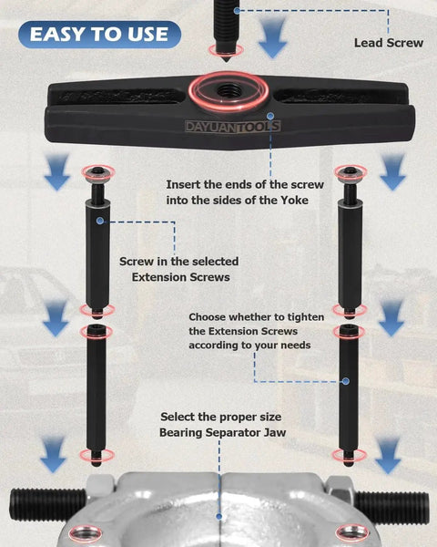 Diagram showing assembly steps for 12 Piece Bearing Separator Set With Heavy Duty 5 Ton Capacity For 2 Inch And 3 Inch Bearings Splitters Puller Kit.