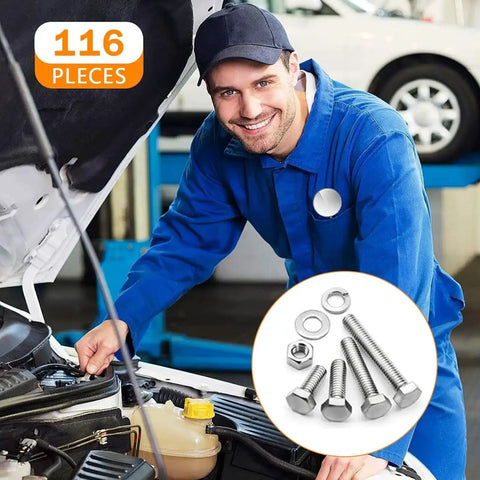 Mechanic using Heavy Duty 116Pcs Metric Bolt Set M6 M8 M10 In 304 Stainless Steel With Nuts And Bolts, Flat And Spring Washers, Hex Head Cap Screws, Fully Threaded