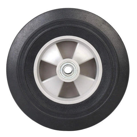 Two Pack Flat Free Ten Inch Solid Rubber Tires And Wheel Set For Hand Trucks Dollies And Wheelbarrows Five Eighths Inch Axles Two And A Quarter Inch Offset Hub Fits Ten Inch Tires On Four Inch Rims No Flats Replacement Wheels, front view of tire and rim