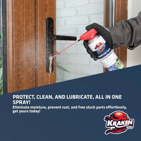 Multi Use Spray Two Pack 11 Oz Dope Penetrating Oil Lubricant For Home And Automotive Corrosion Inhibitor Breaks Through Rust And Frees Stuck Bolts Nuts And Cables No Residue 360 Degree Nozzle For Easy All Around Use On Garage Doors spray being applied to a door lock handle.