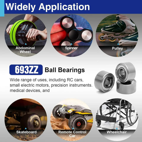 Diagram illustrating various uses of 20Pcs 693ZZ Miniature Ball Bearings 3x8x4mm, including RC cars, electric motors, and wheelchairs.