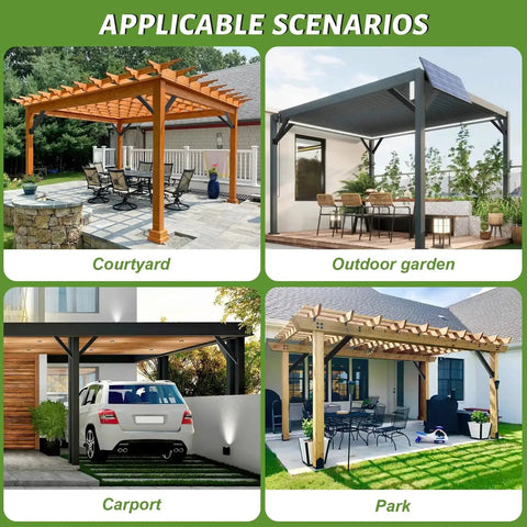Four outdoor structures showcasing Four Pack Heavy Duty 45 Degree Angle Brackets For 4x4 Post Support in different installations.