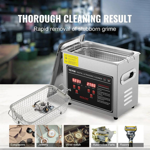 VEVOR ultrasonic jewelry cleaner with digital timer and heater, stainless steel 3L unit with wire basket.