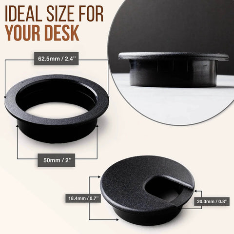 Desk Grommet 2 Inch Cable Hole Cover Pack Of 5 Black ABS Plastic Wire Management dimensions and side view.