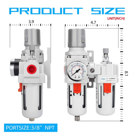 NANPU 3/8 NPT FRL air filter regulator lubricator, two-unit with gauge and poly bowls