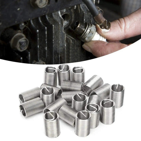 Heavy Duty Pro Grade 20 Piece 304 Stainless Steel Wire Thread Inserts Kit M12 x 1.25 Helicoil Style Sleeves in use and close-up view