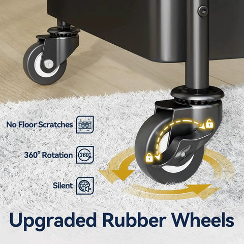 YSK 304 3 Tier Rolling Cart Replacement Wheels Set for smooth mobility and durable performance, shown on carpet with features.