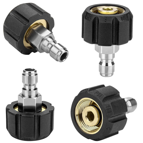 Pressure washer adapter set, 2 pairs M22-14mm, 1/4 inch quick-connect fittings, black knurled nuts