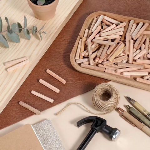 100 Count 1/4 Inch Wood Dowel Pins, 1/4 X 1-1/2 Inch Fluted Hardwood Dowels with Grooved Shanks for wood joint projects