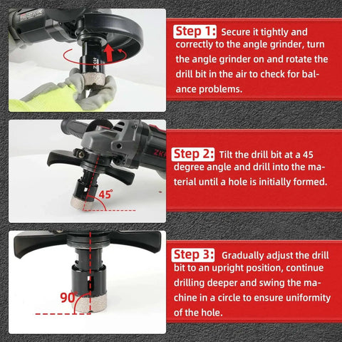 Three-step installation guide for Pro Grade Diamond Core Drill Bits 3/4 Inch Vacuum Brazed Hole Saw for Tile with 5/8-11 UNC Thread.
