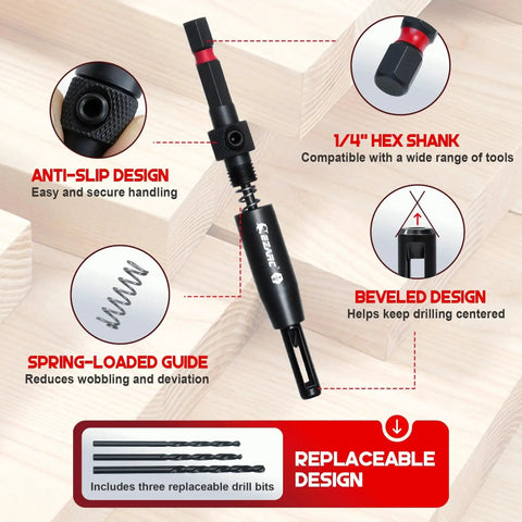 Diagram of a piece from the 22 Piece Countersink Drill Bit Set For Wood With Self Centering Bits, featuring spring-loaded guide and beveled design.