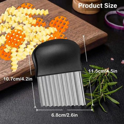 Crinkle Cutter Stainless Steel Wavy Blade Potato Chopper And Vegetable Slicer on a dark surface with diced vegetables.