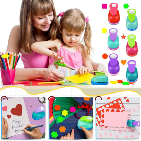 Mother and child using 36 Piece Craft Hole Punch Shapes With Colorful Sticker Paper For Scrapbooking Easy To Use 1 Inch Paper Punchers Set