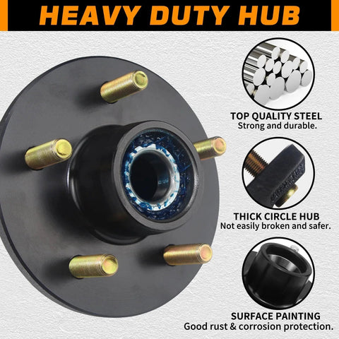 Heavy Duty Trailer Hub Kit with 5 Lug 4.5 Inch Bolt Pattern, features shown including steel durability and surface painting.