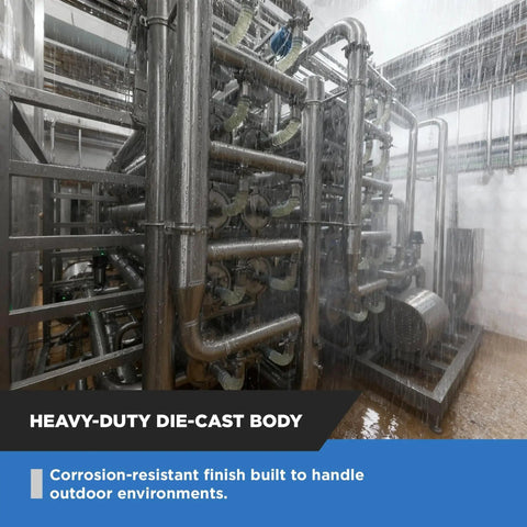 Heavy-duty die-cast body in industrial setting with corrosion-resistant finish