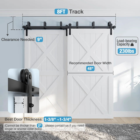 Image of an 8ft Double Track Bypass Barn Door Hardware Kit for low ceiling spaces, featuring dual white doors and black metal hangers.