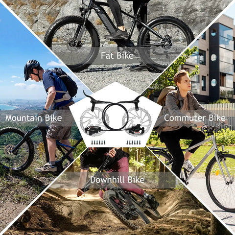 Bucklos MTB hydraulic disc brake set with 160mm rotors, aluminum levers, 2-piston calipers and PM/IS adapters