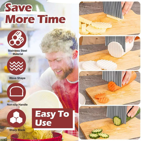 Man using 2 In 1 Crinkle Cutter With Peeler For Crinkle Fries And Veggie Prep Jayvar Stainless Steel Wave Cutter on potatoes and cucumbers