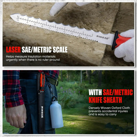 Heavy Duty 11 Inch Insulation Knife With Laser Scale, Stainless Steel Blade, Dual Side Serrated Duct Cutter For Cutting Foam, Rockwool, Mineral Wool, Fiberglass And Styrofoam With Sheath PINOZE shown with sheath