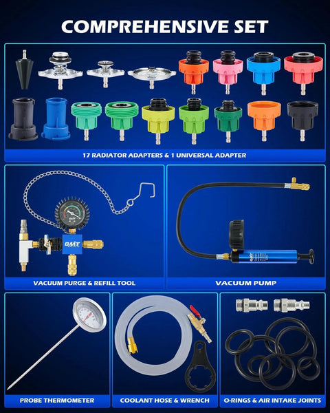 26 Piece Coolant Pressure Tester Kit With 18 Radiator Adapters, Vacuum Pump And Refill Tool, Thermometer, Hose And Wrench