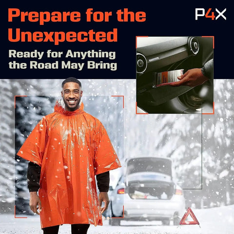 Person wearing poncho next to vehicle, 318 Piece Emergency Survival Kit With Comprehensive Survival Gear And First Aid Supplies For Vehicle Travel