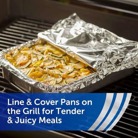 Heavy Duty Aluminum Foil Roll 200 Feet Long By 12 Inches Wide 200 Square Feet Total Perfect For Grilling And Baking, covering a pan on grill.