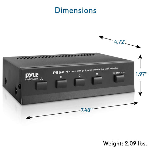 Four Zone Speaker Switch Box For Multi Channel Stereo System A B C D Selector Hub front view with dimensions.