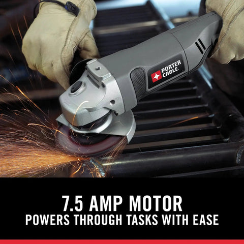Rugged 4-1/2 Inch 7.5 Amp Angle Grinder With Cast Metal Gear Housing And Soft Grip For Smooth, Controlled Grinding On Any Jobsite Delivers Pro Grade Power With A 3-Position Side Handle From Porter-Cable PC750AG grinding metal
