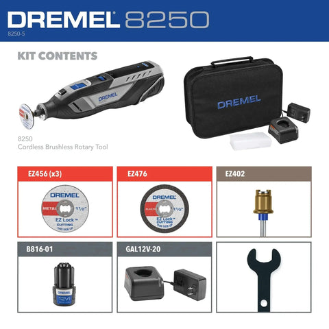 Powerful 12V Cordless Rotary Tool With Brushless Motor From Dremel, Variable Speed, Long Run Time, Packed With 5 Rotary Tool Accessories, 3Ah Battery, Charger, And Sturdy Tool Bag kit contents displayed.