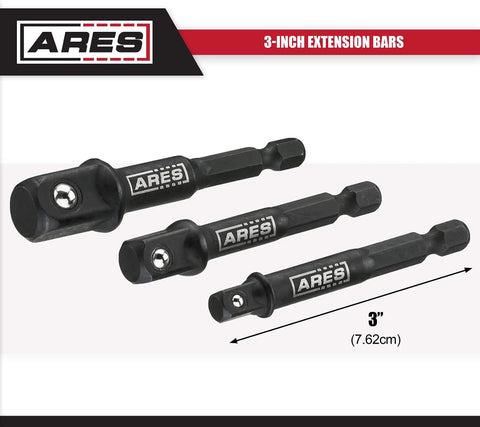 Turn Your Drill Into A High Speed Socket Driver With This Dope Three Piece Impact Grade Socket Adapter Set From ARES Featuring One Quarter Inch, Three Eighth Inch, And One Half Inch Drives And A Three Inch Reach shown in packaging
