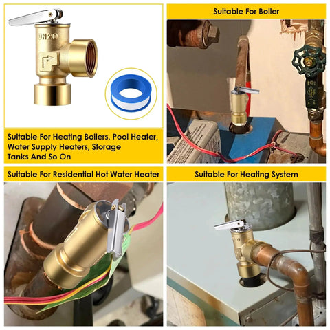 30 PSI Boiler Pressure Relief Valve Three Quarter Inch Female NPT to Three Quarter Inch Female NPT Brass with PTFE Thread Seal Tape for hot and cold water systems leakproof replacement installed and uninstalled views