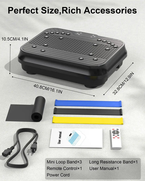 Total Body Vibration Plate For Kickstart Fat Burn And Lymphatic Drainage Home Gym Workout shown with included accessories.