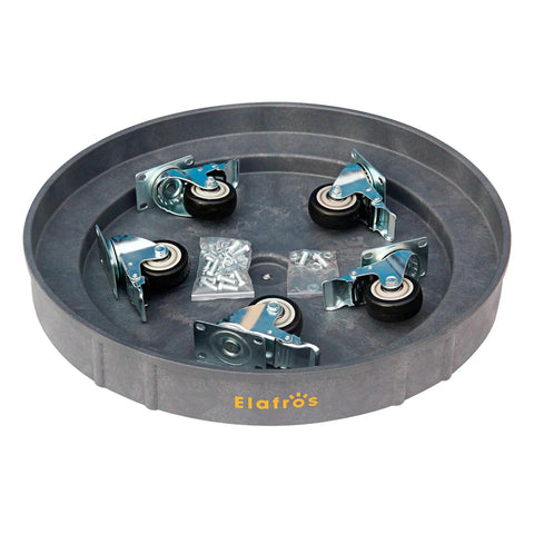 Heavy-Duty Plastic Drum Dolly for 30 and 55 Gallon Drums, 900 lb Capacity, showing swivel casters and included hardware, grey.